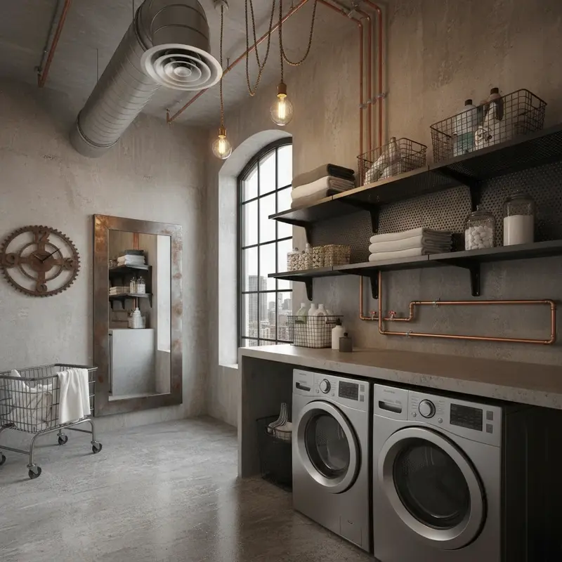 Snyggt organiserad tvättstuga med bänkskiva, tvättmaskin och förvaringsskåp