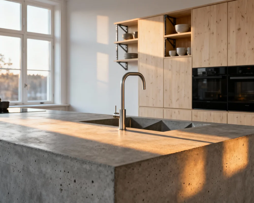 Modernt kök med betongbänkskiva