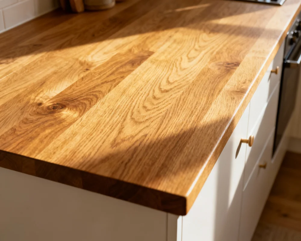 Varm ekbänkskiva i skandinaviskt kök