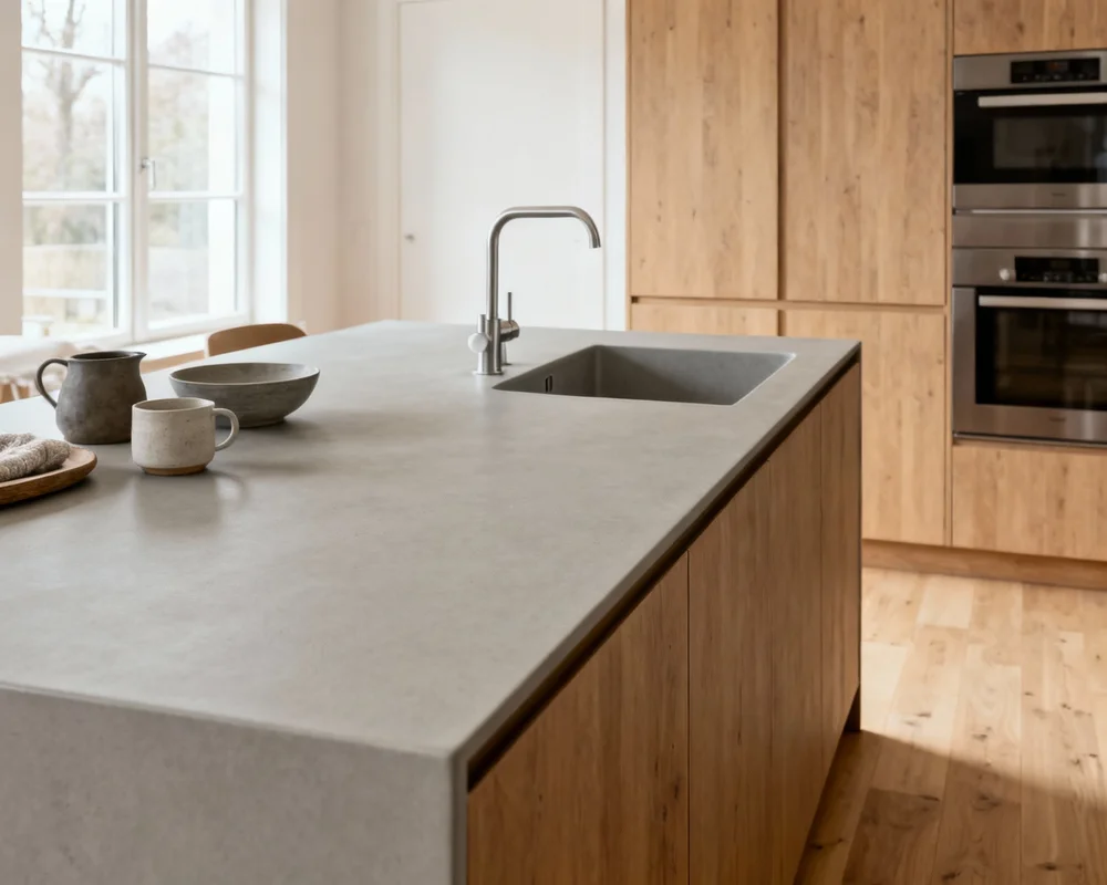 Modern keramisk bänkskiva i skandinaviskt kök