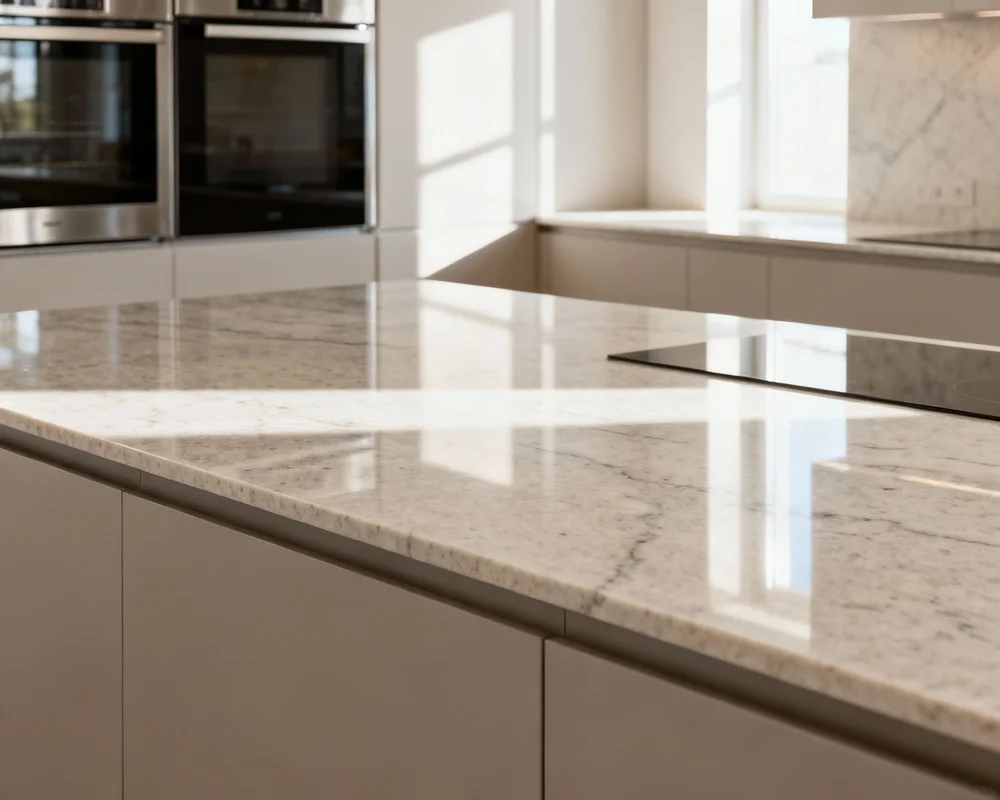 Elegant kvartsbänkskiva i ljust skandinaviskt kök