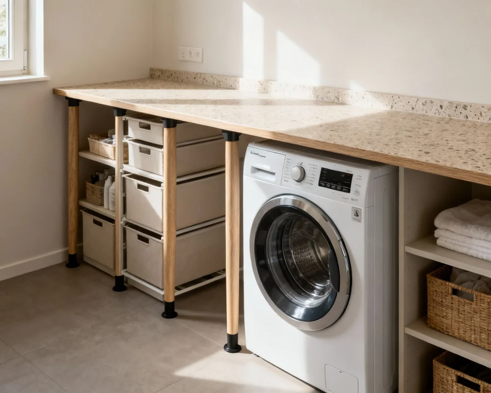 Praktisk bänkskiva ovanför tvättmaskin i modern tvättstuga