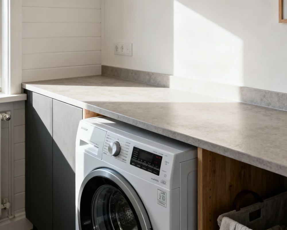 Modern tvättstuga med stilren bänkskiva över tvättmaskin och torktumlare