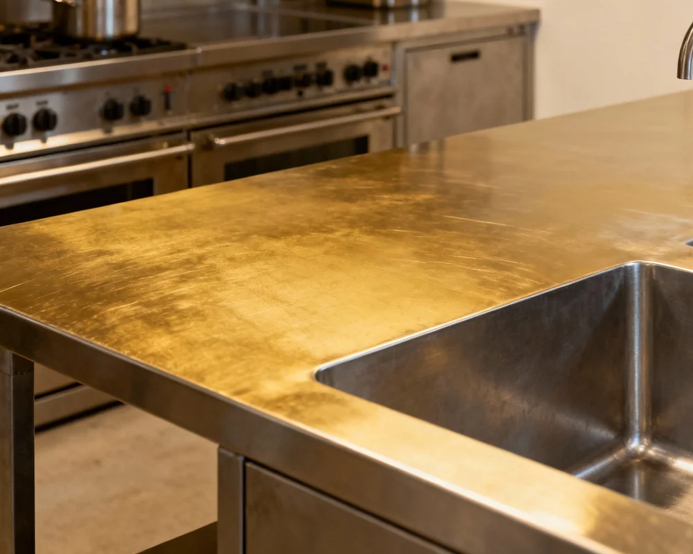 Blank rostfri bänkskiva i modernt professionellt kök