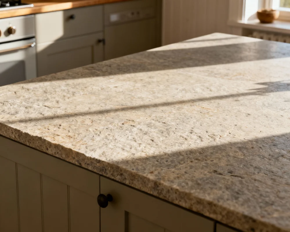 Elegant stenbänkskiva i modernt kök med naturlig granit