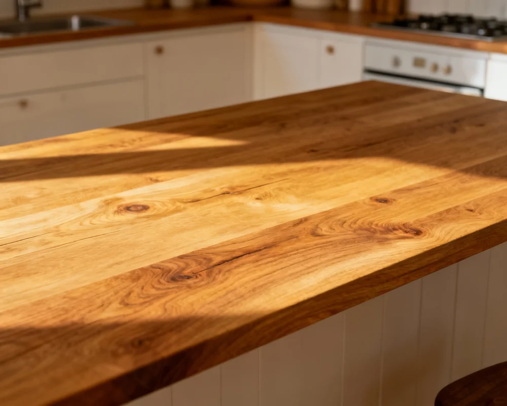 Vacker träbänkskiva i massiv ek i skandinaviskt kök