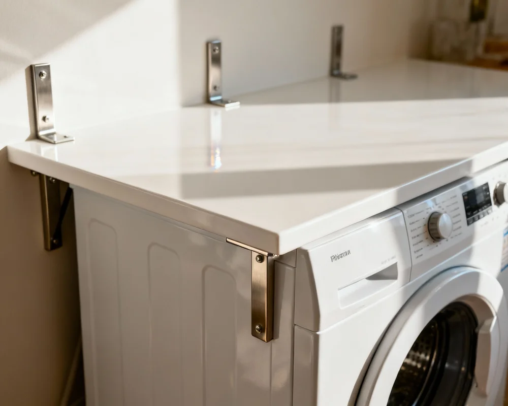 Väggmonterade konsoler som håller bänkskiva ovanför tvättmaskin