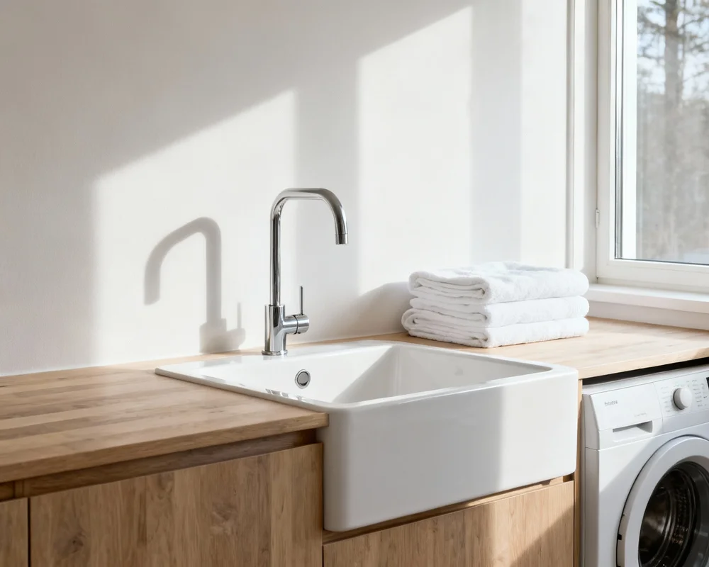 Modern tvättstuga med praktisk bänkskiva över tvättmaskin och torktumlare