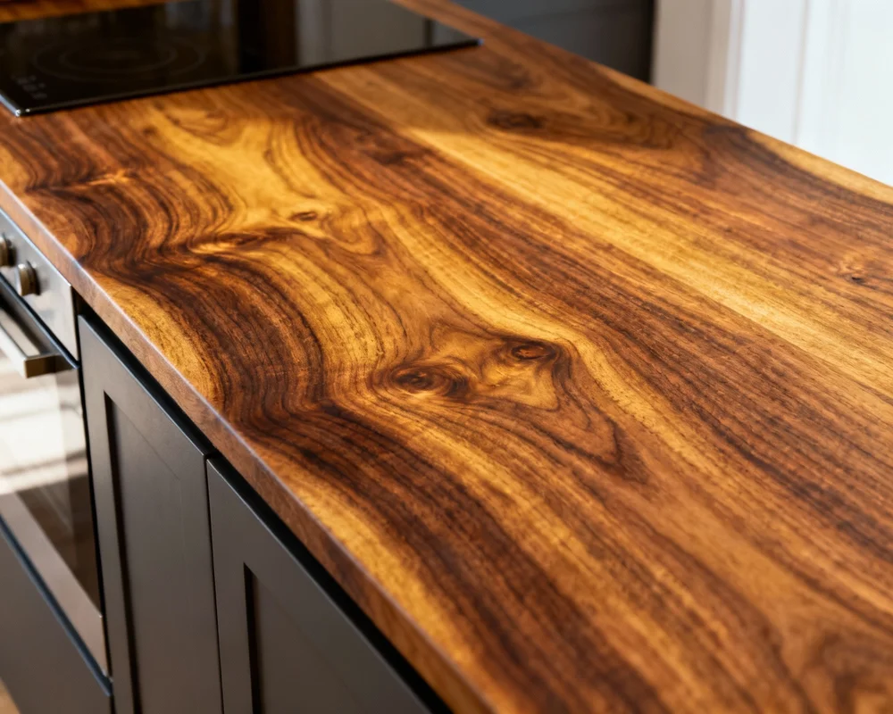 Elegant valnötsbänkskiva med mörk varm ton i lyxigt kök