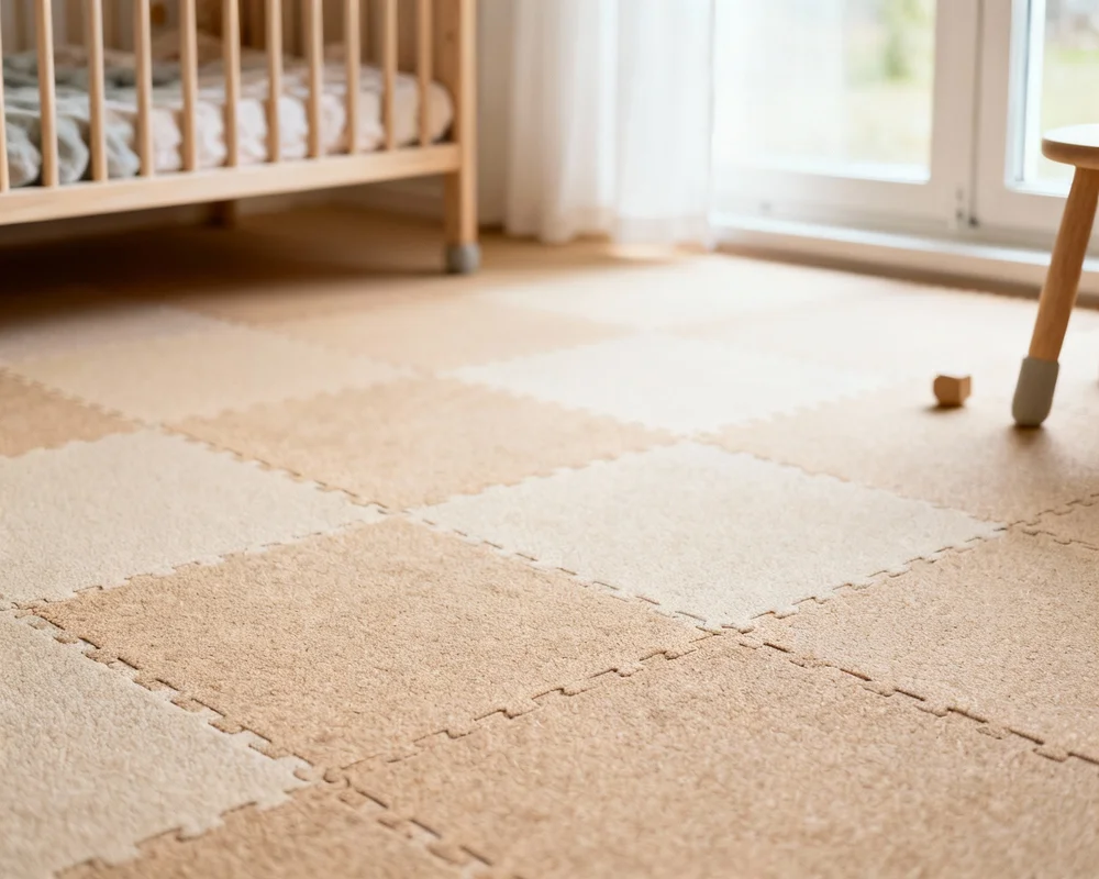 Mjukt korkgolv i ljus ton i modernt barnrum med leksaker