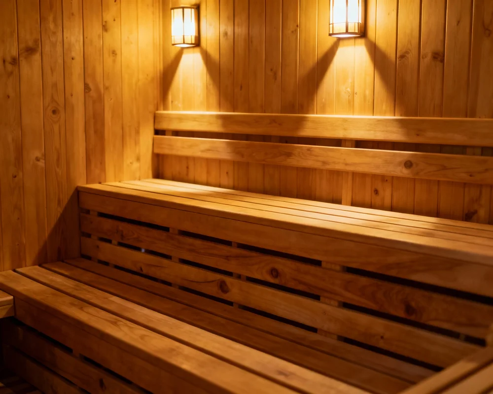 Modern bastu med träinredning och bastuaggregat
