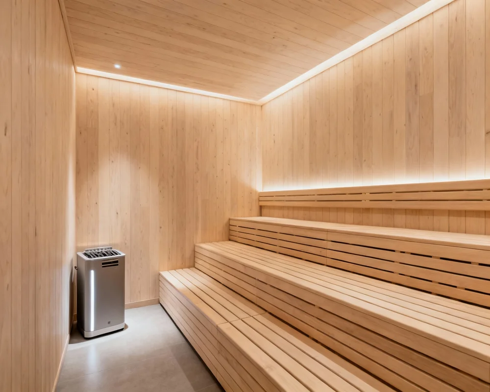 Vacker träbastu i modernt hus med panoramafönster