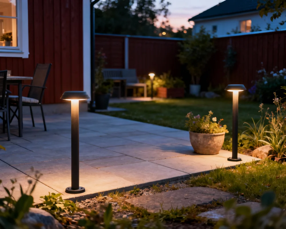 Mysig kvällsbelyst altan med LED-spotlights och ljusslingor