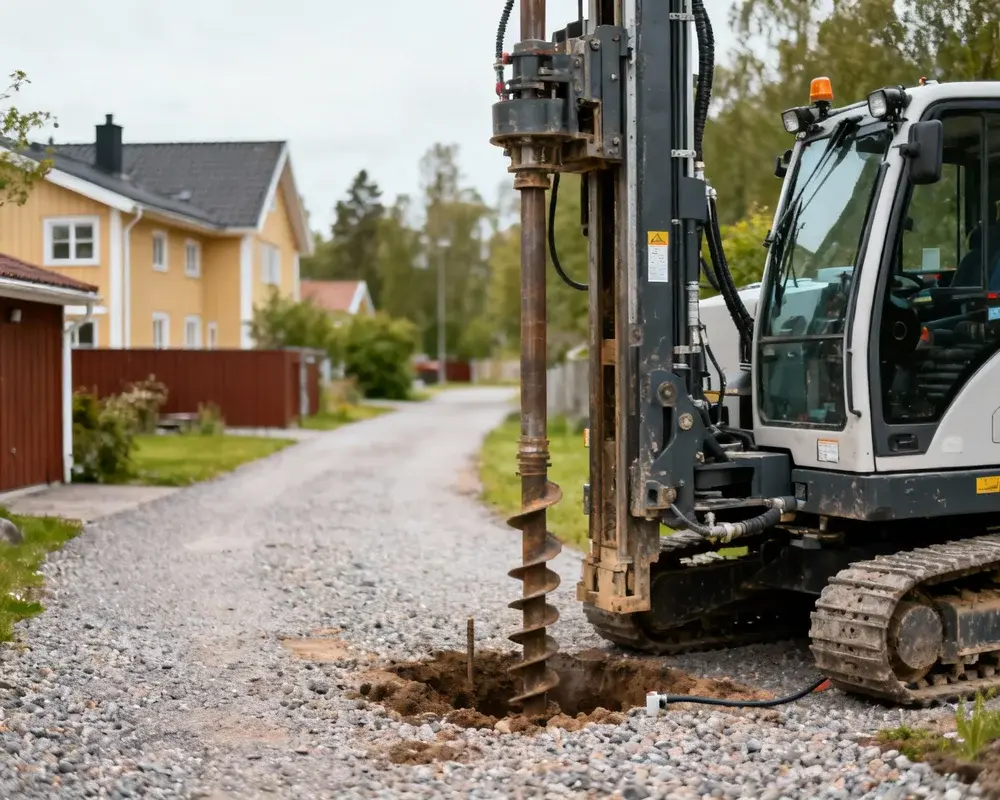 Bergvärme installation med värmepump och borrhål
