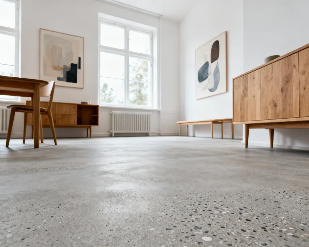 Modernt vardagsrum med betonglook golv i skandinavisk stil