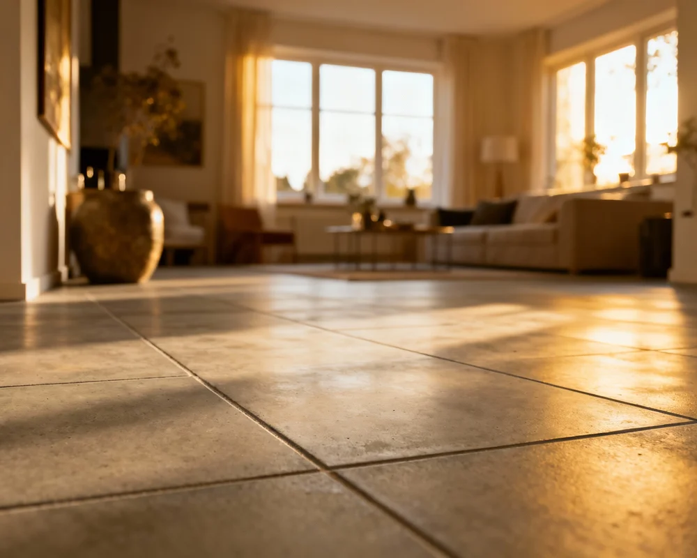 Modernt kök med polerade betongplattor på golvet