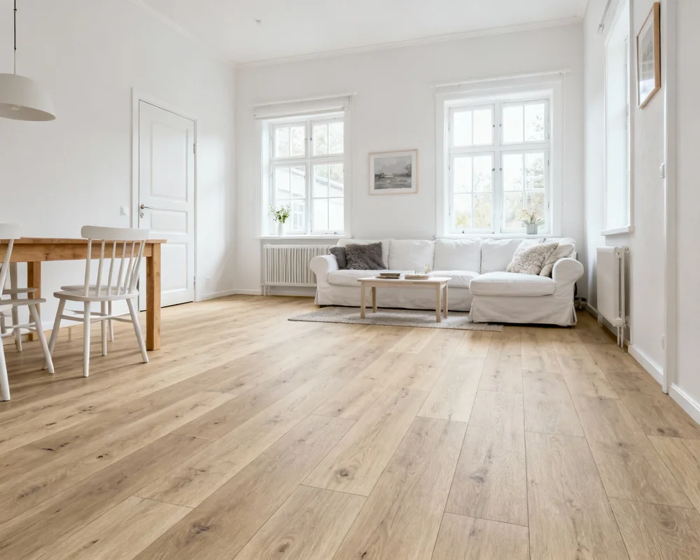 Prisvärt vinylgolv i ljus ek i modernt vardagsrum