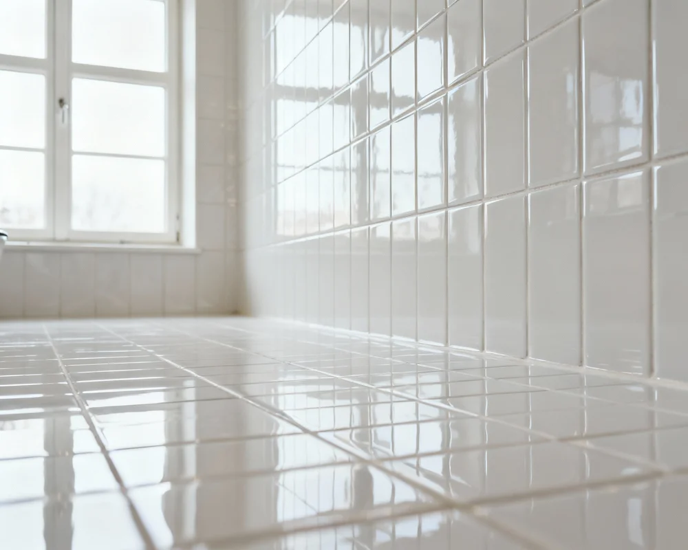 Modernt badrum med blankt vitt kakel på väggarna