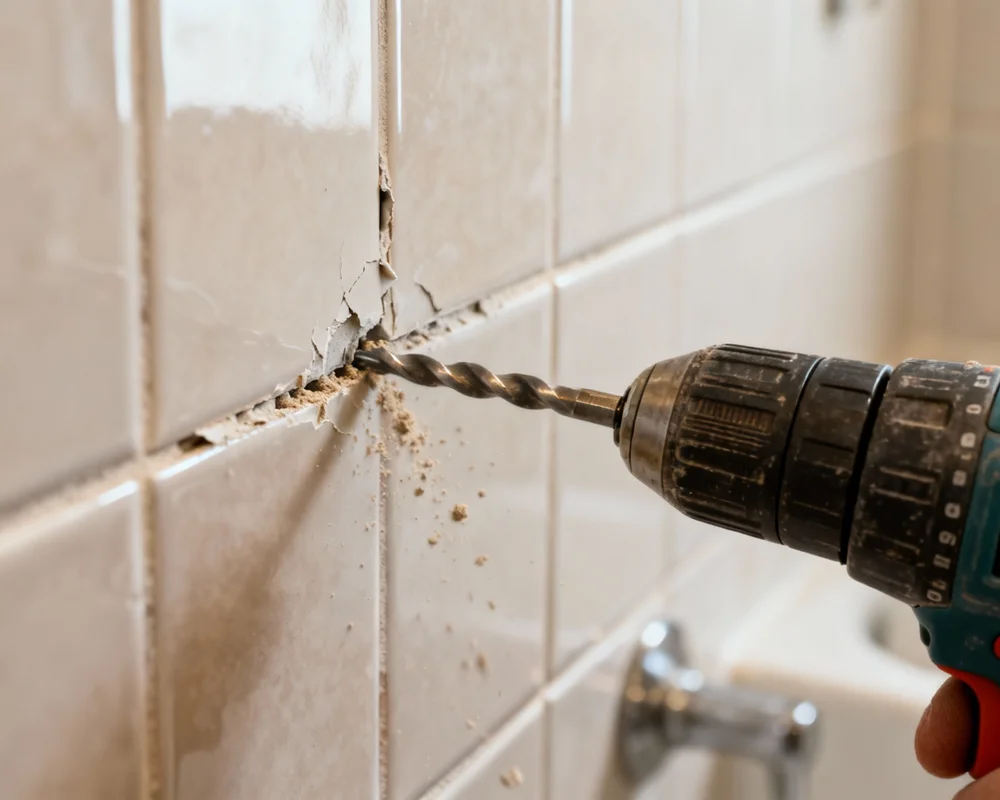 Borrning i kakelplatta med diamantborr och vattenkylning
