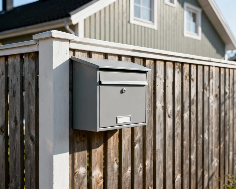Skandinavisk brevlåda monterad på stolpe vid villaentré