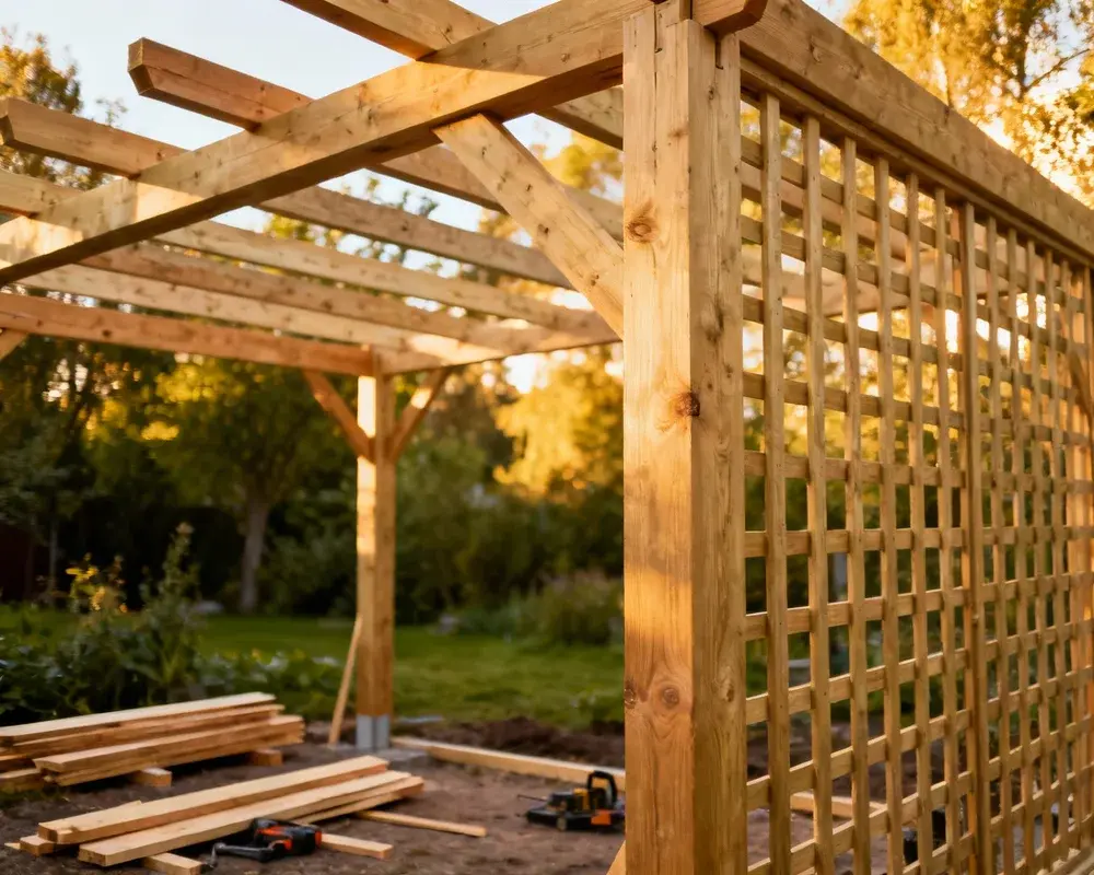 Vacker träpergola i skandinavisk trädgård med klängväxter