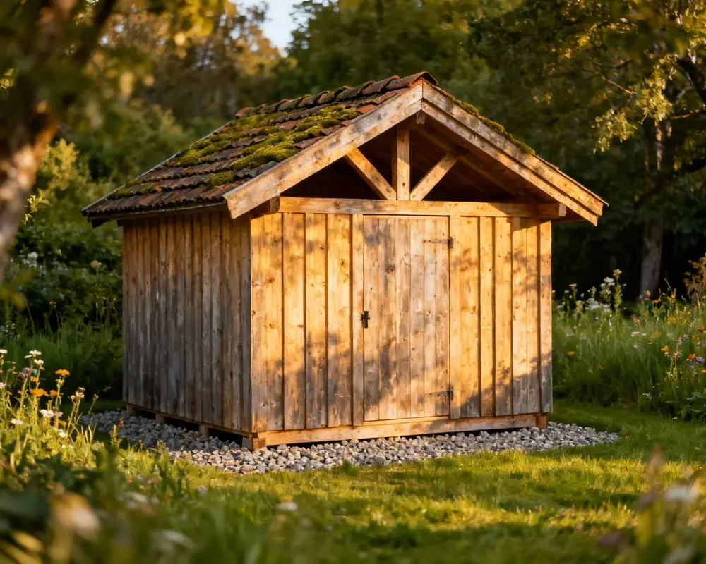 Vacker träförråd i skandinavisk trädgård med dubbeldörrar