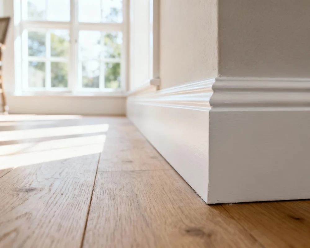 Vita foderlister runt dörr i skandinaviskt hem