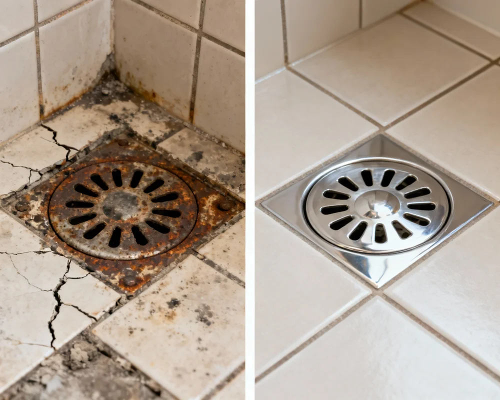 Före och efter byte av golvbrunn i betonggolv