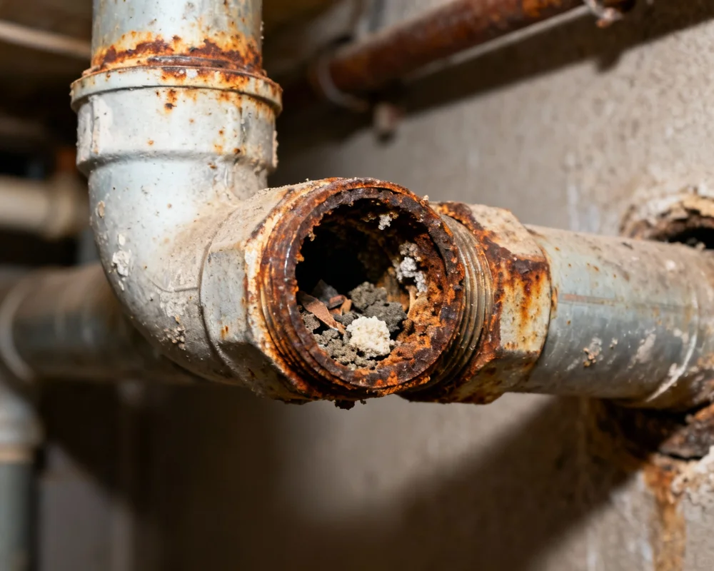 Igensatt kopparledning med kalkavlagringar