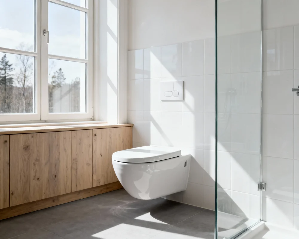 Person monterar ny vit toalettstol i modernt badrum