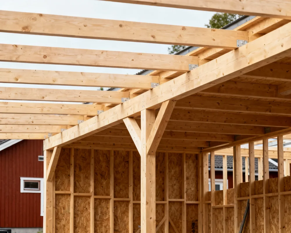 Modern träcarport i skandinavisk design med bil