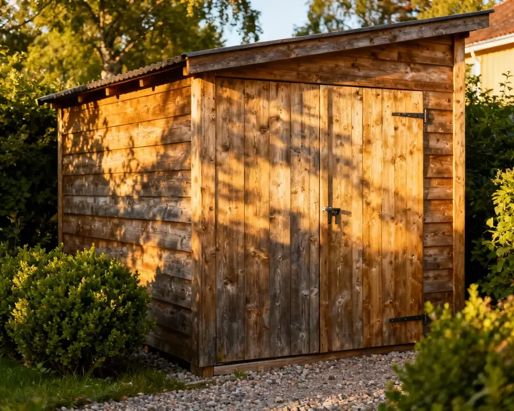Modernt cykelförråd i trä vid svenska villan