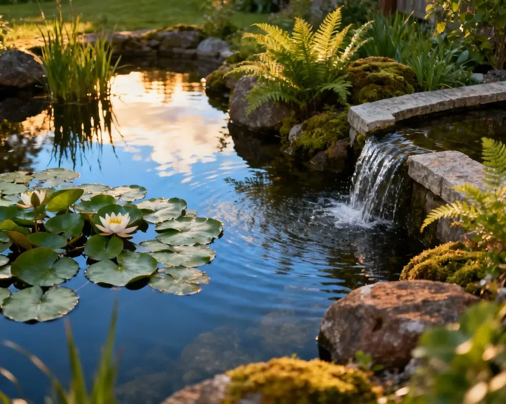 Vacker damm med växter och vatten i en trädgård