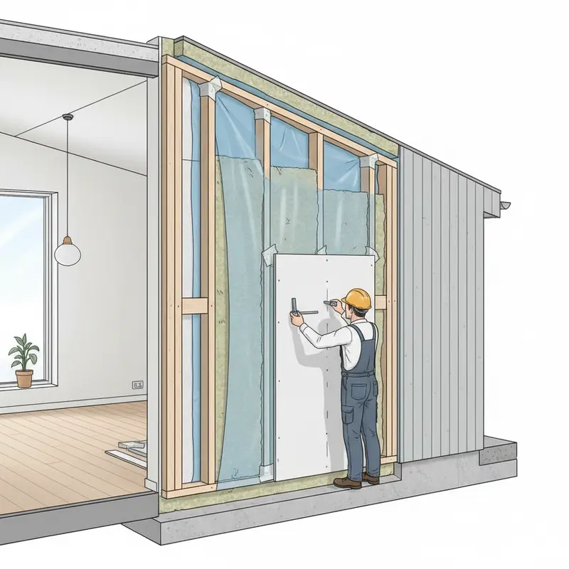 En illustration som visar en väggkonstruktion med korrekt installerad diffusionsspärr