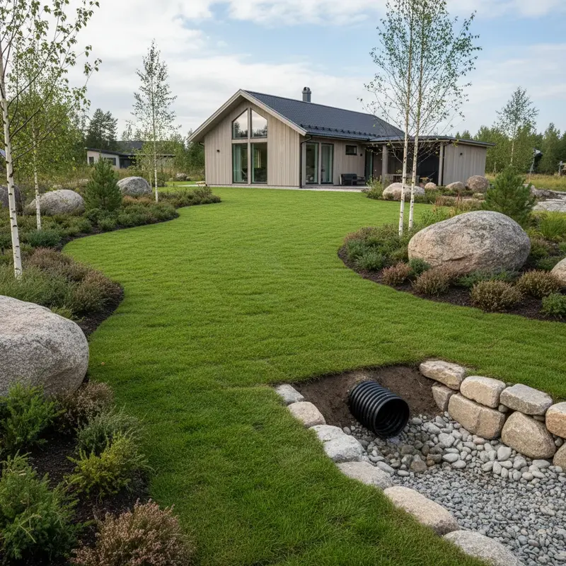 Arbetare som lägger dräneringsrör runt en husgrund