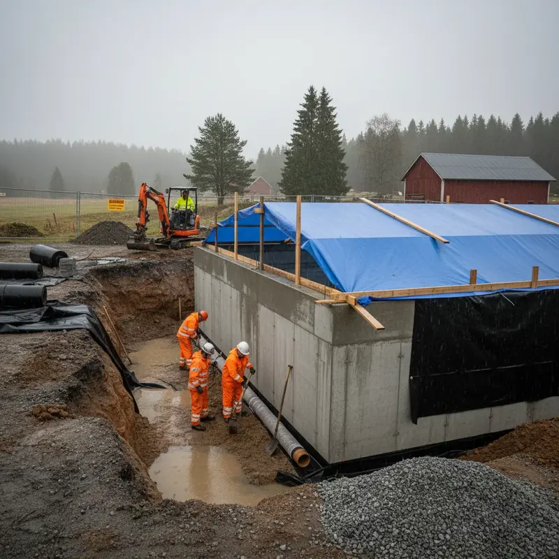 Husgrund med nyinstallerad dränering och skyddande geotextil