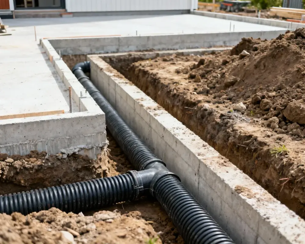 Dräneringsarbete vid husgrund med dräneringsrör och makadam