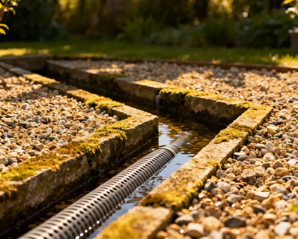 Dränering i trädgård med gräsmatta