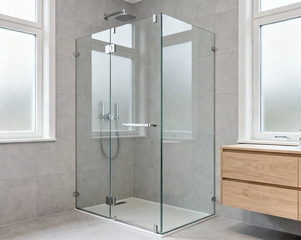 Modern dusch i skandinaviskt badrum