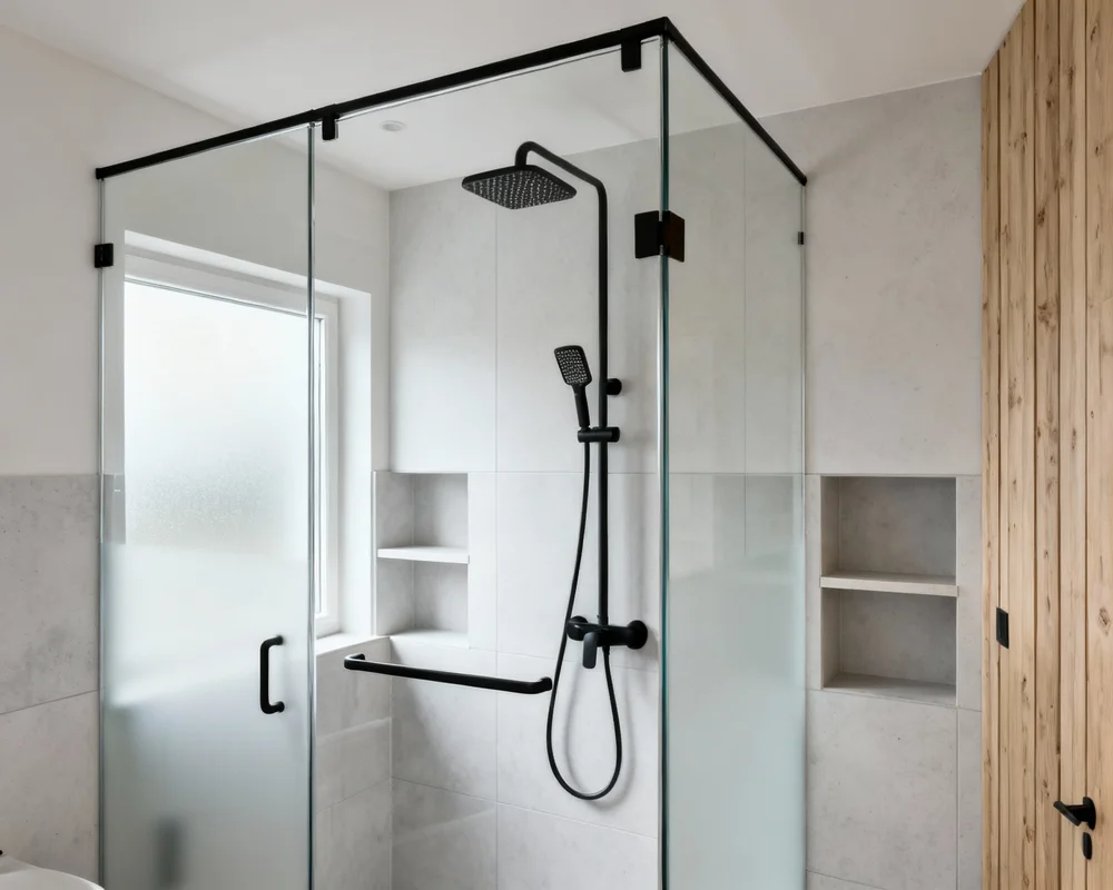 Modern duschkabin i skandinaviskt badrum