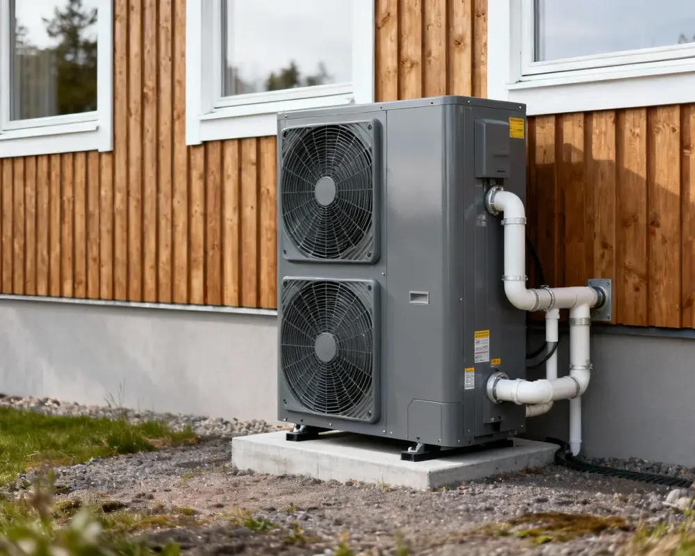 Luft-vatten värmepump utomhusenhet installerad på villagrund