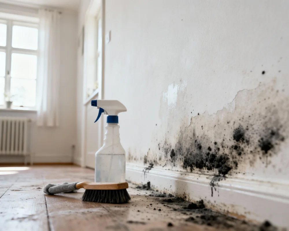 Rengöring av mögelfläckar från tyg med handskar och rengöringsmedel