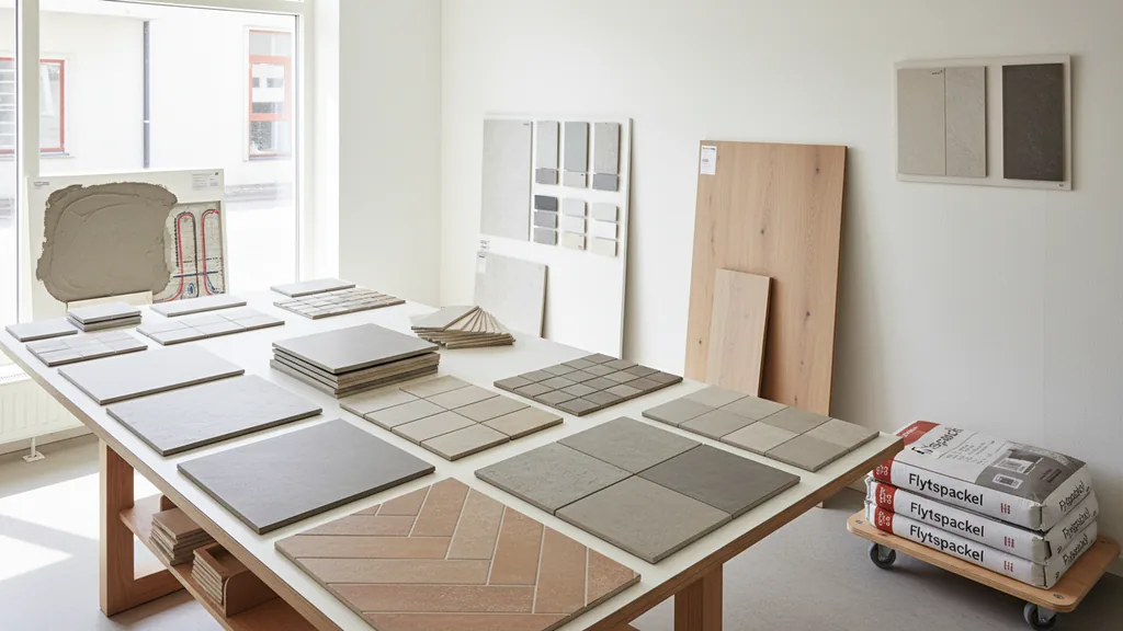 Spånskiva med tätade fogar och applicerad primer, redo för flytspackling