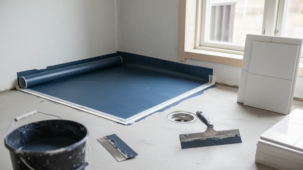 Badrumsgolv med markerat fall mot golvbrunnen, redo för flytspackling