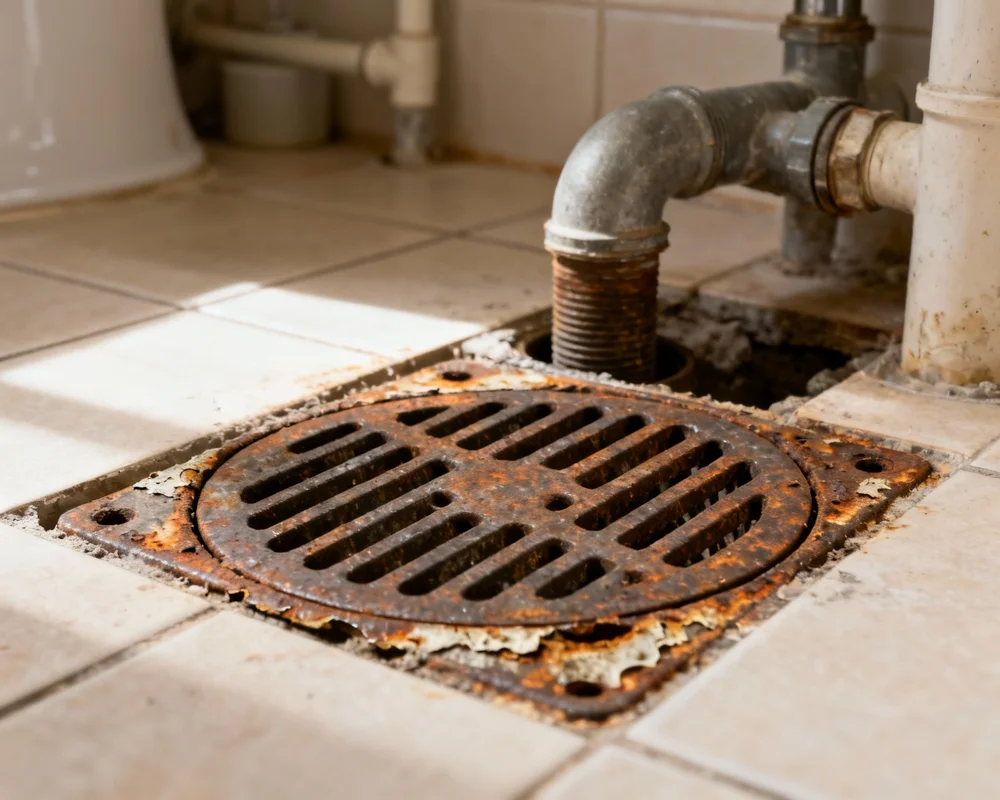 Gammal golvbrunn utan vattenlås i badrum med synliga tecken på ålder