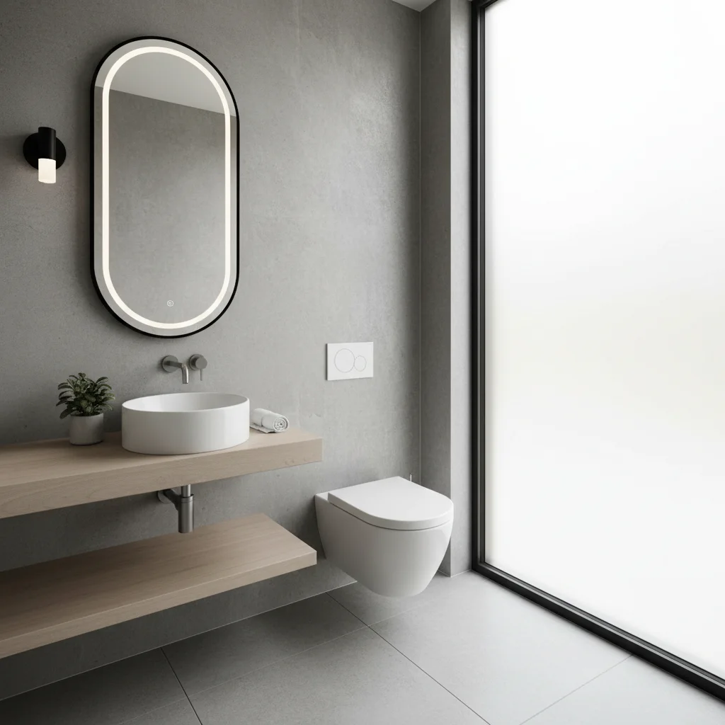 Modernt g ästbadrum med stilren inredning och smart förvaring