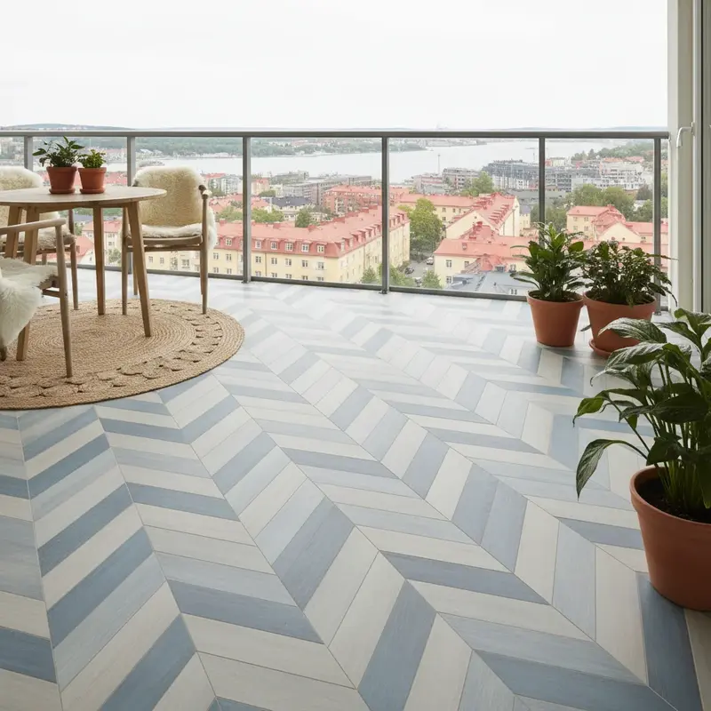 Stilren balkong med moderna golvplattor i komposit och utemöbler