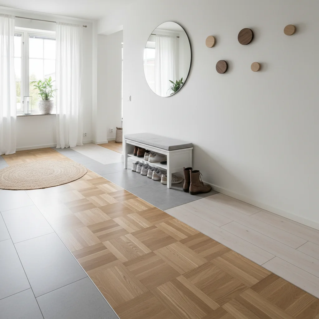 Modern svensk hall med snyggt golv i skandinavisk stil