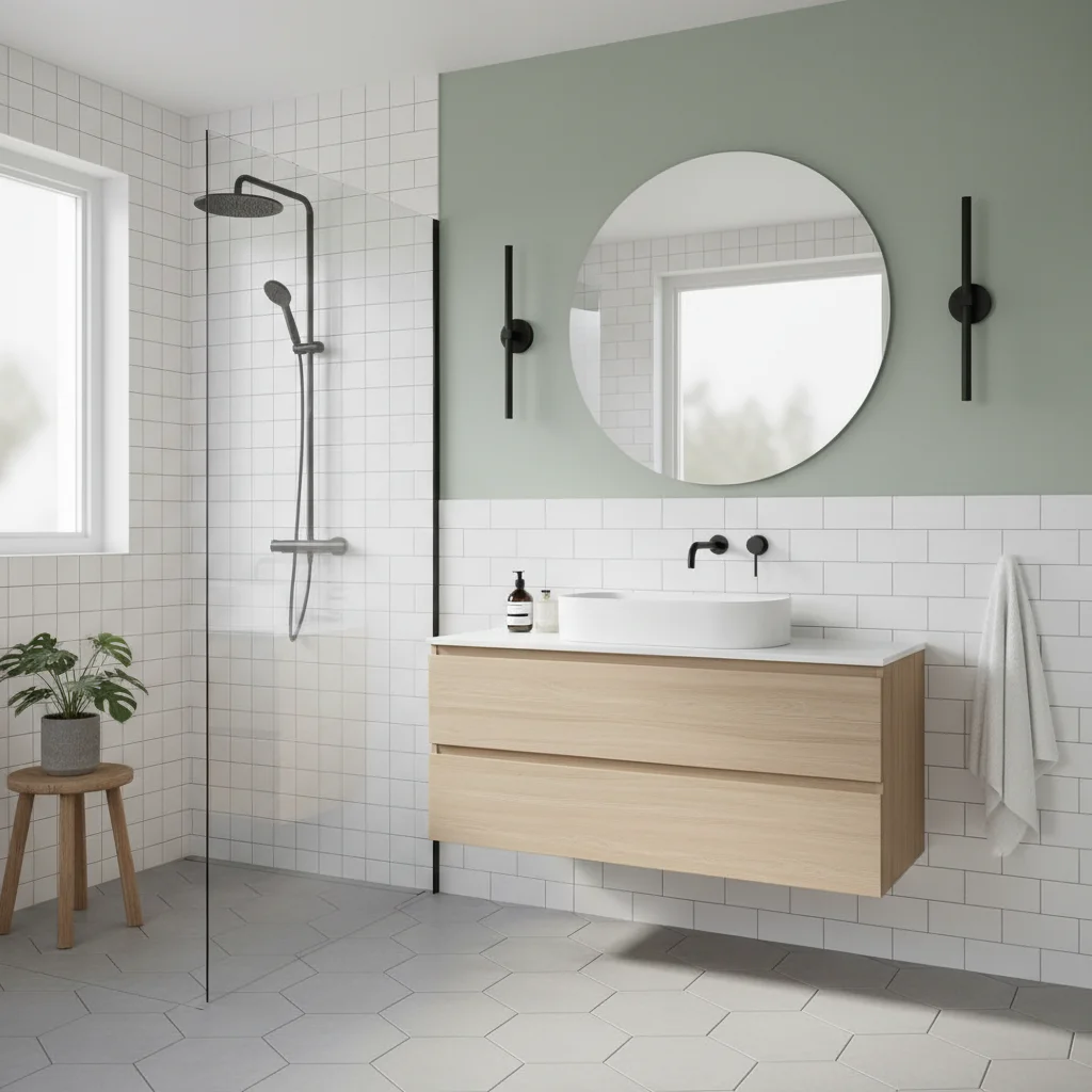 Olika exempel på halvkaklade badrum med varierande kakelhöjder