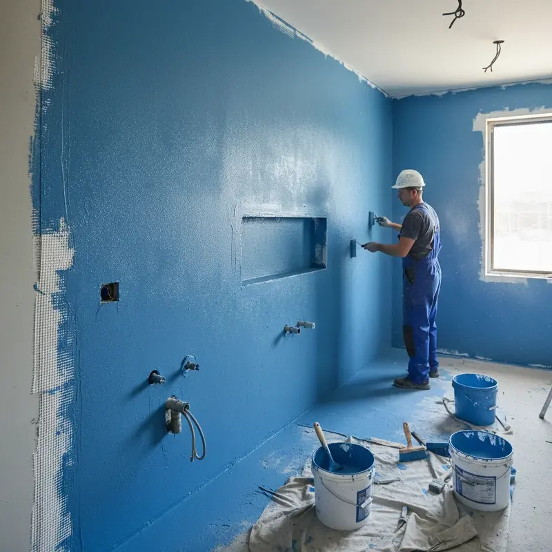 Diagram som visar tätskikt vid övergång mellan kakel och målad vägg